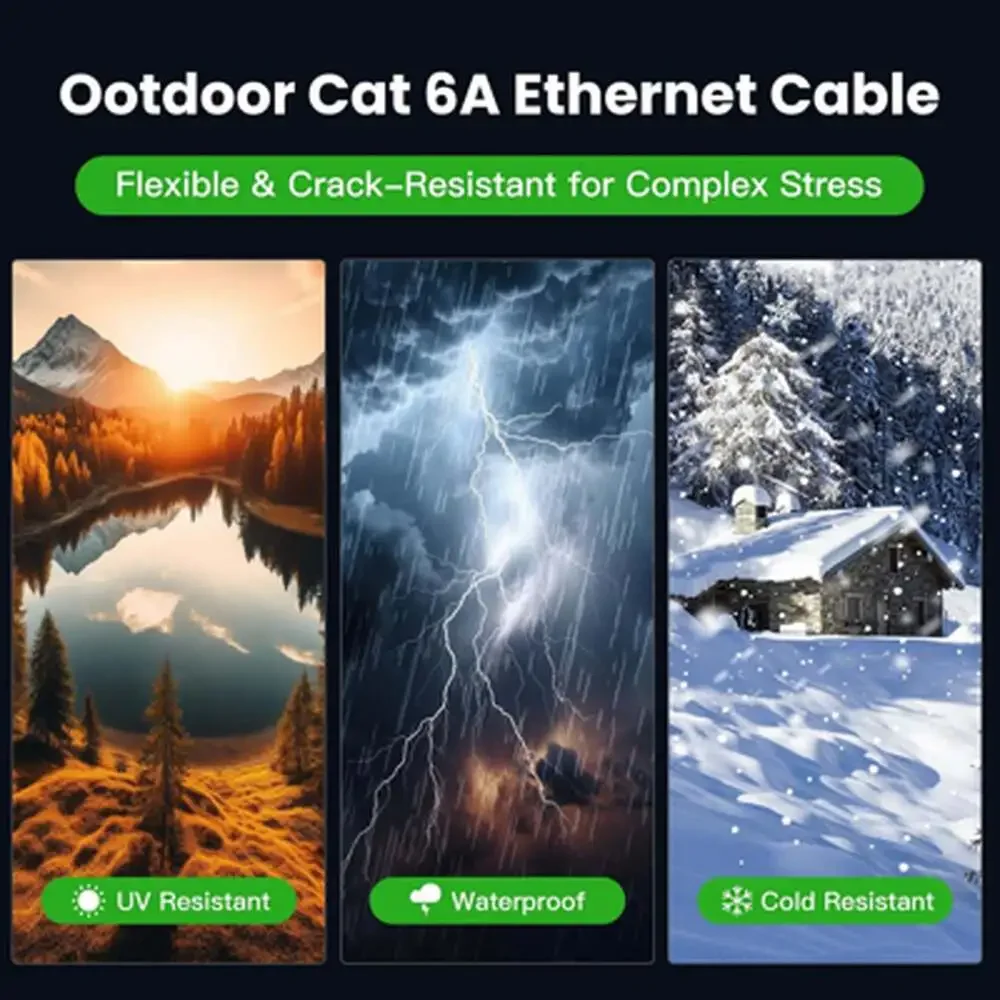 CAT6A Ethernet Cable 100 Ft Outdoor Indoor 10Gbps High Speed Weatherproof RJ45